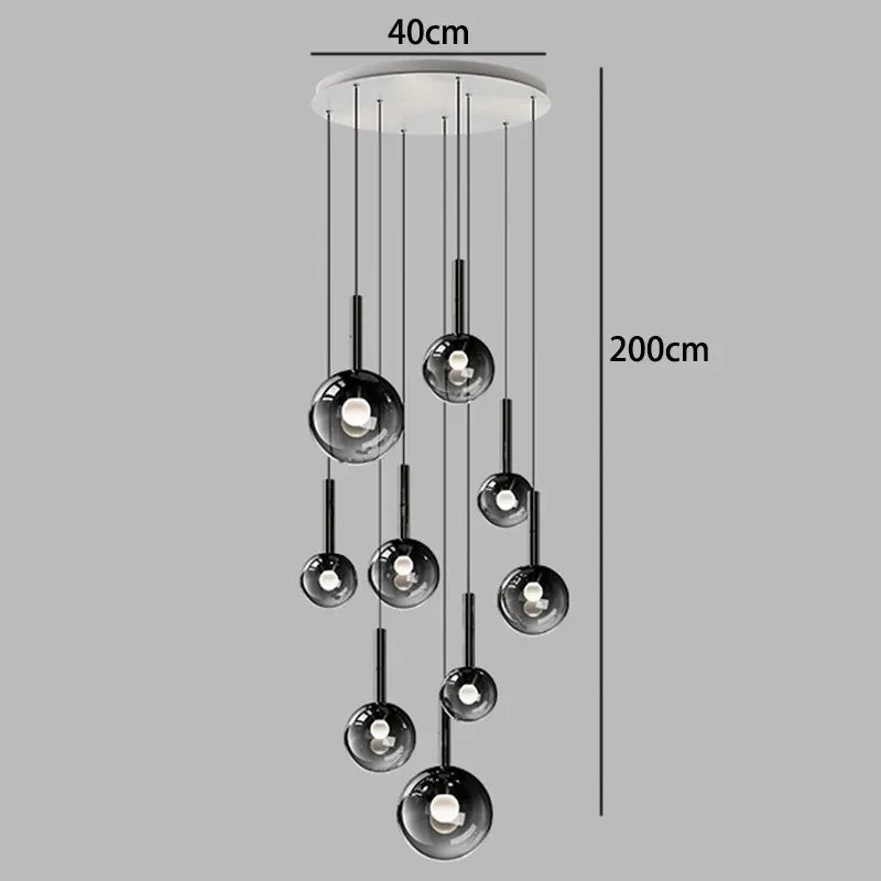Nordic Stair Chandelier — Living & Dining Room Pendant Ceiling Light featuring nine black glass globe pendants suspended at varying heights, ideal for modern luxury home décor and statement lighting.