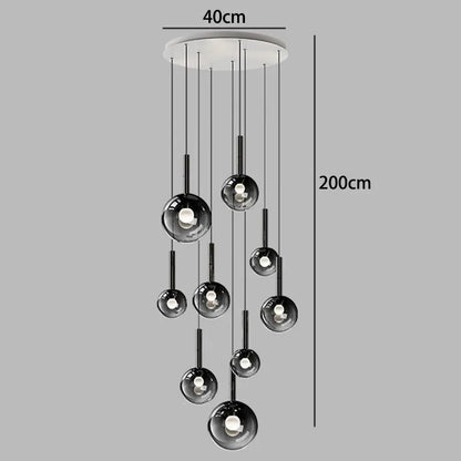 Nordic Stair Chandelier — Living & Dining Room Pendant Ceiling Light featuring nine black glass globe pendants suspended at varying heights, ideal for modern luxury home décor and statement lighting.