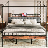 LIKIMIO Canopy Bed Frame Queen, Storage Headboard with Charging Station, Platform Bed with 4 Removable Sturdy Posts, Noise Free Jonine&