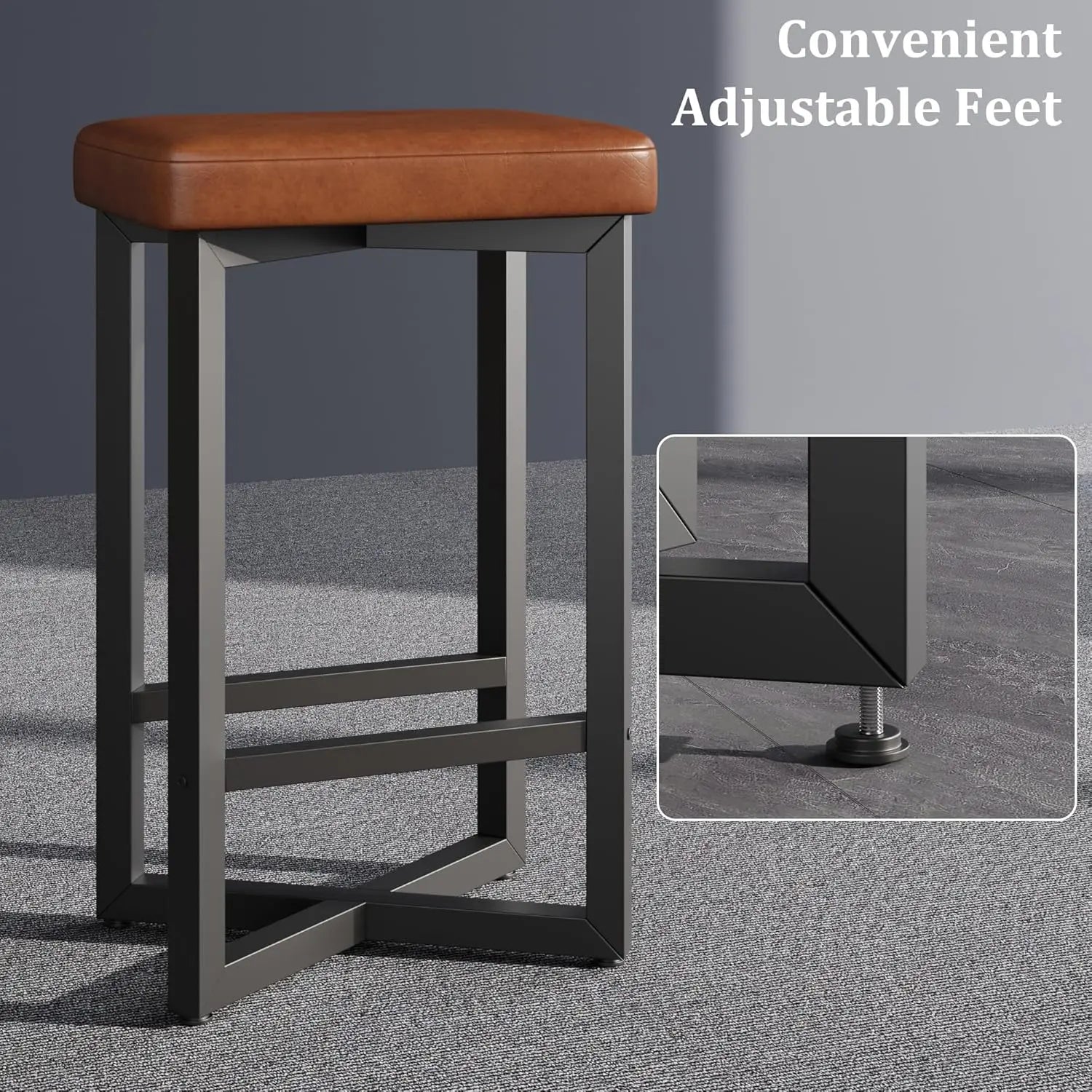 24" Bar Stools Set of 2 — Backless Counter Height with PU Leather Seat featuring a modern black metal frame, brown cushioned seat, and convenient adjustable feet for stability on uneven surfaces.