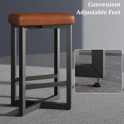24" Bar Stools Set of 2 — Backless Counter Height with PU Leather Seat featuring a modern black metal frame, brown cushioned seat, and convenient adjustable feet for stability on uneven surfaces.