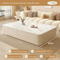 Nordic Clear Designer Coffee Table — Minimalist Living Room Décor featuring a sleek white slate tabletop with rounded edges, integrated storage drawers, and a soft leather finish in a cozy, modern living space.