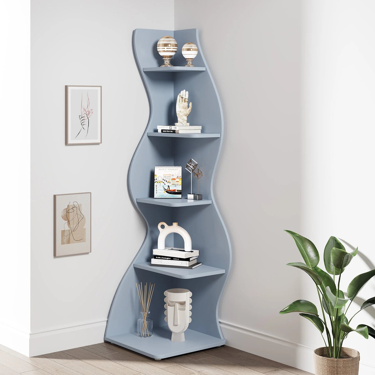 Tribesigns Corner Shelf, Modern 5-Tier Wall Corner Bookshelf, Stylish Corner Small Bookcase Storage Rack Plant Stand