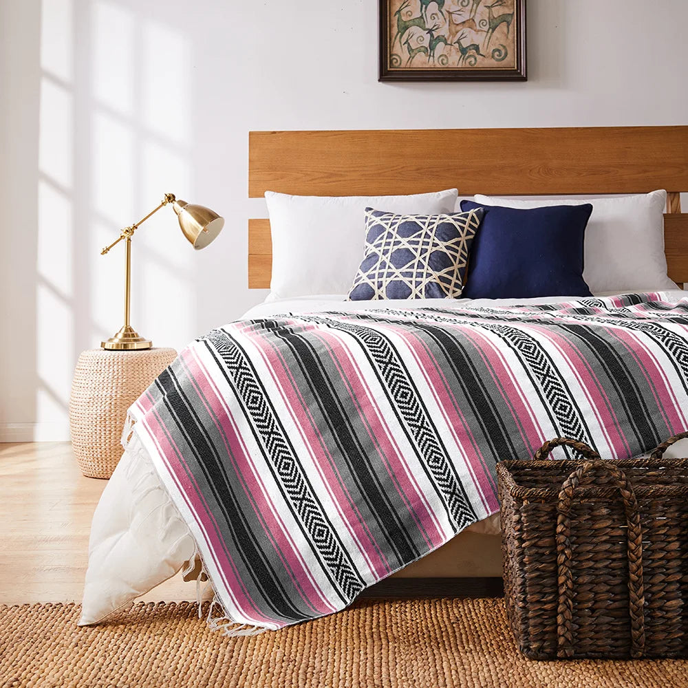 Mexican Handwoven Throw Blanket — Striped Tassel, 130×170cm