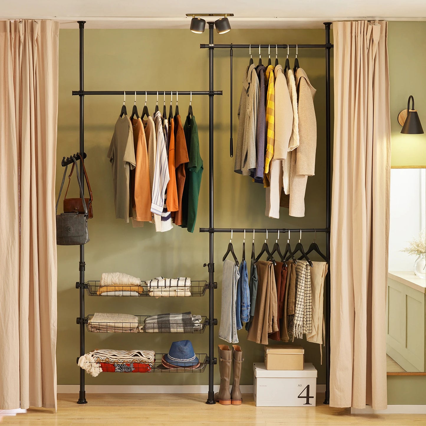 SoBuy FRG34 Shelving System with 3 dresses Bars and 3 Baskets Telescopic Wardrobe System Adjustable Order System