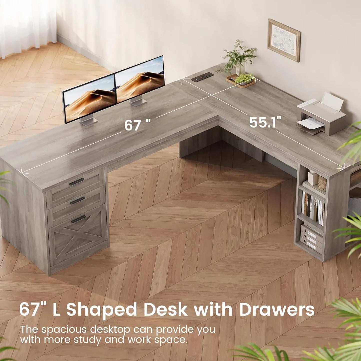 Farmhouse 67" L-Shaped Desk with 3 Drawers & Storage Shelves