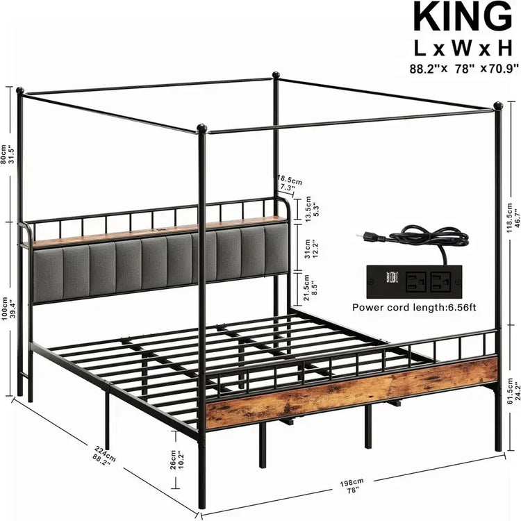 LIKIMIO Canopy Bed Frame Queen, Storage Headboard with Charging Station, Platform Bed with 4 Removable Sturdy Posts, Noise Free Jonine&