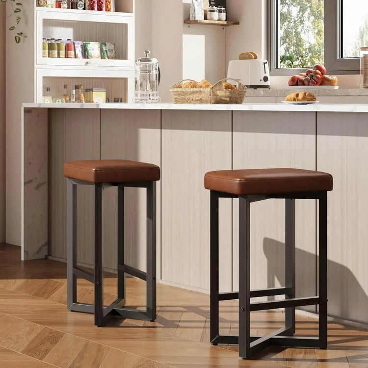 Set of 2 modern 24" backless counter bar stools with PU leather seats and metal X-frame bases