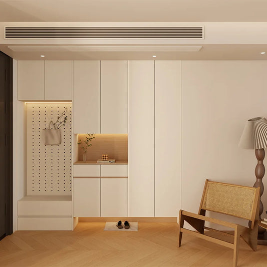 Solid wood entryway shoe cabinet with doors drawers and clean custom storage layout
