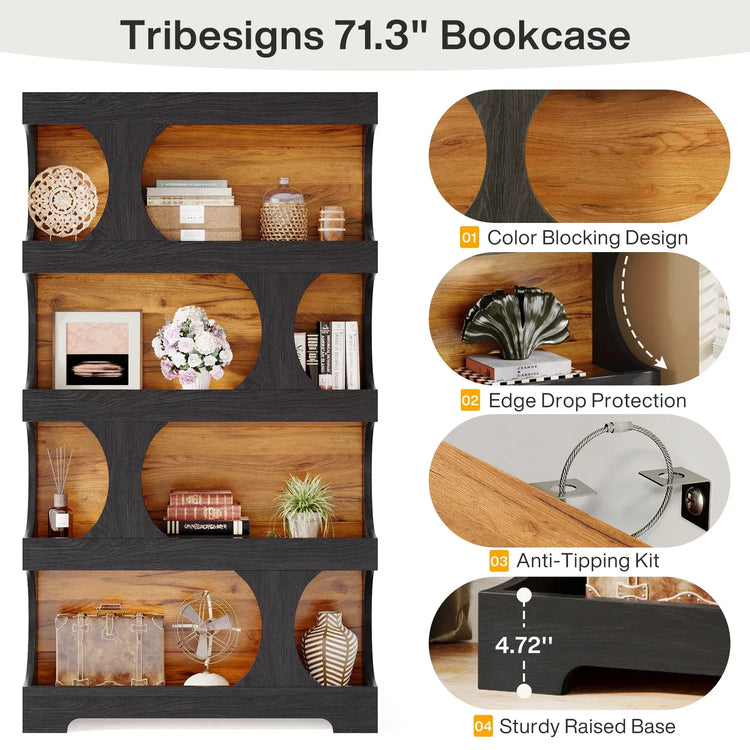 Tribesigns 71" Tall Bookcase, 4-Tier S-Shaped Bookshelf, Wood Decorative Storage Shelving, Modern Freestanding Display Shelves
