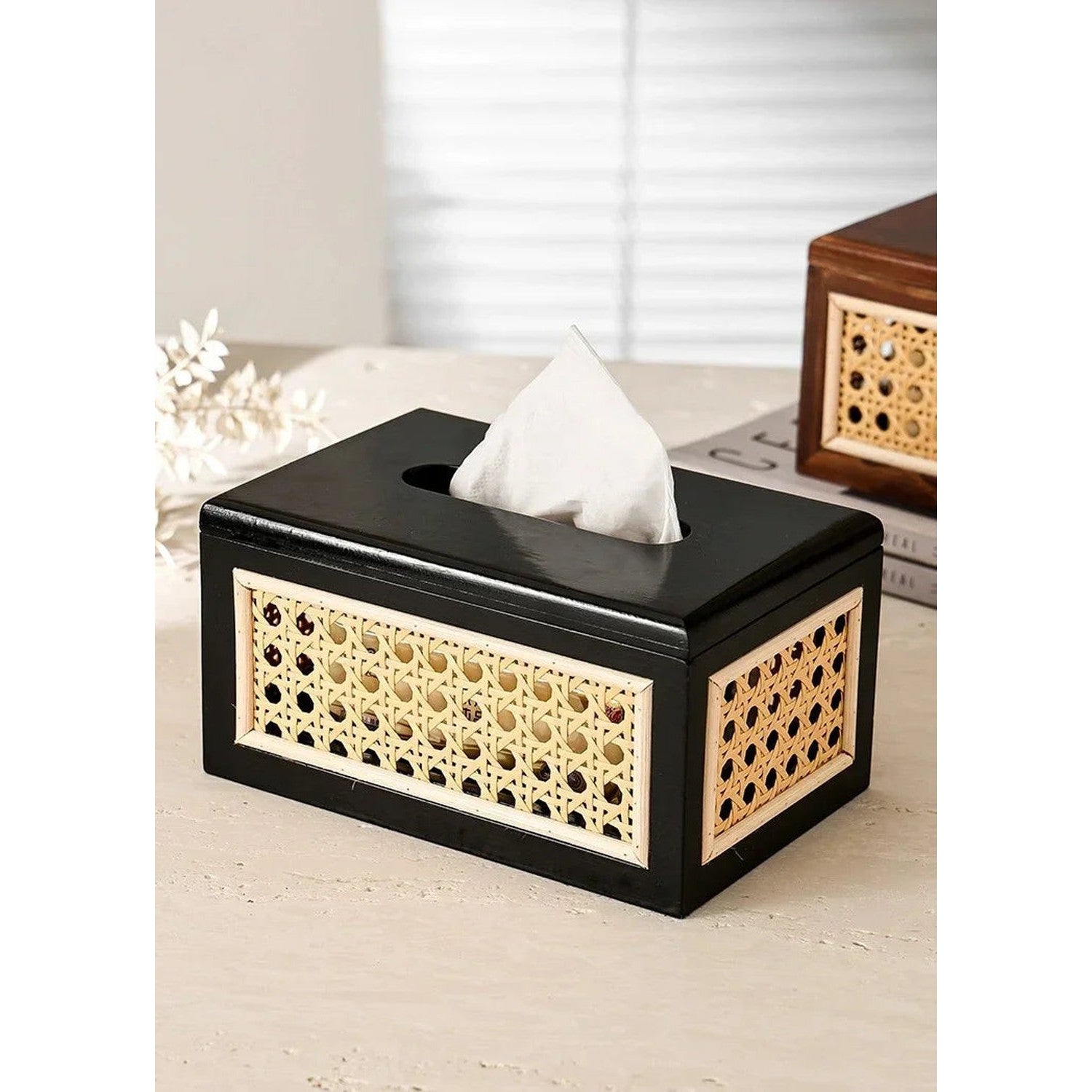 Rattan &amp; Wood Tissue Box