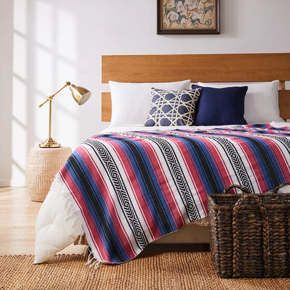 Mexican Handwoven Throw Blanket — Striped Tassel, 130×170cm