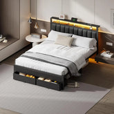 Queen Bed Frame with Charging Station and LED Lights, Grey Upholstered Headboard with Shelves, Metal Platform Bed, Customized Jonine&