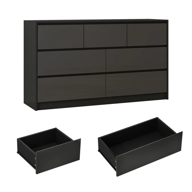 7 Drawer Dresser for Bedroom, 55 Inch Modern Dresser with High Gloss Drawers, Large Wood Chest of Drawer, White/Black Jonine&