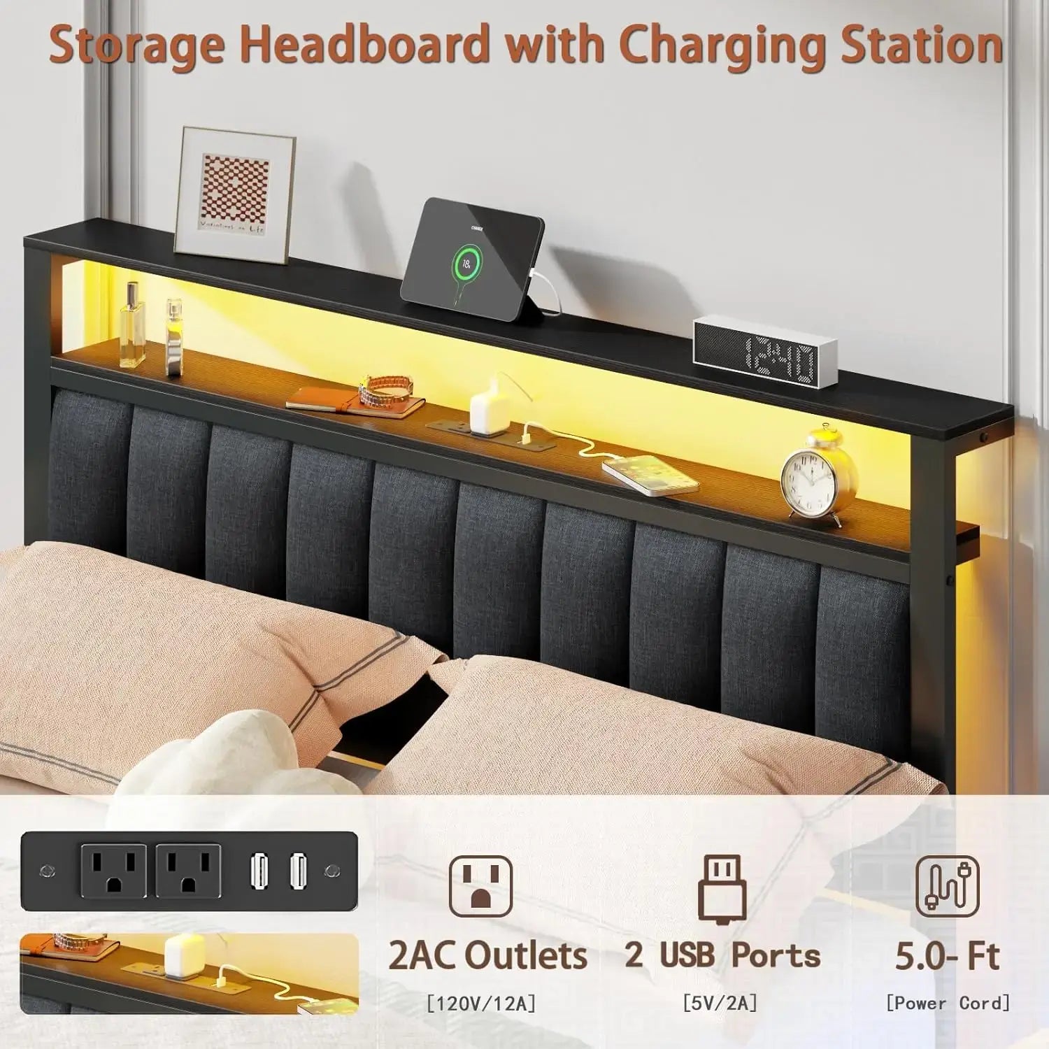 Queen Bed Frame with Charging Station and LED Lights, Grey Upholstered Headboard with Shelves, Metal Platform Bed, Customized Jonine&