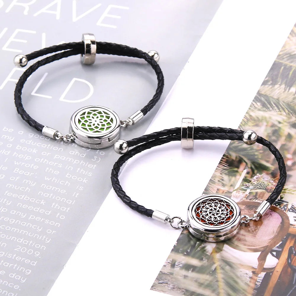The Scent Locket — Aromatherapy Essential Oil Diffuser Bracelet in Black Leather &amp; Stainless Steel