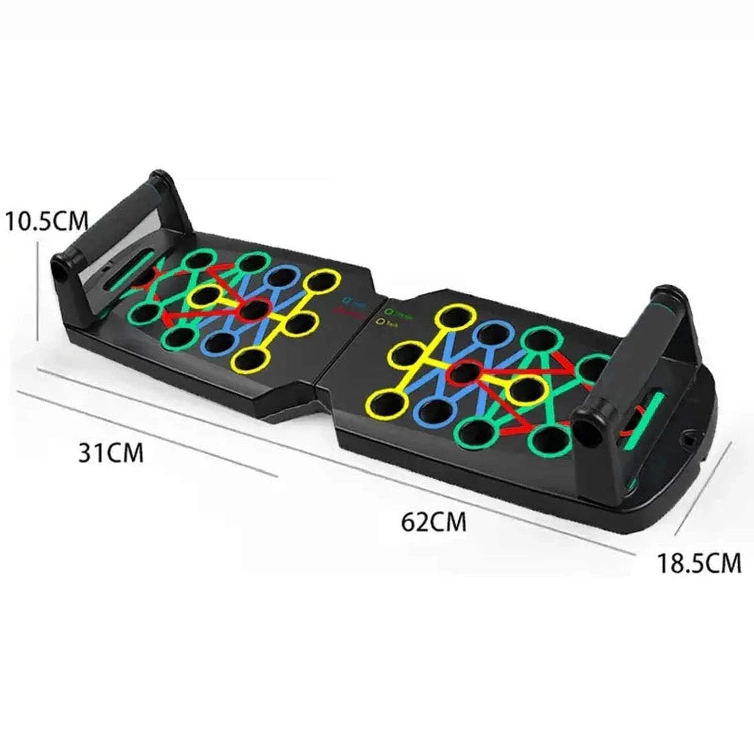 Foldable push-up board with color-coded positions and ergonomic handles for chest and core training