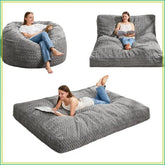 Sit Lounge Sleep — 3-in-1 Memory Foam Bean Bag Chair & Bed in gray, showing different uses: chair, lounger, and bed.Sit Lounge Sleep — 3-in-1 Memory Foam Bean Bag Chair & Bed