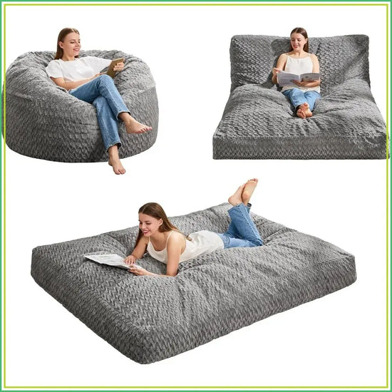 Sit Lounge Sleep — 3-in-1 Memory Foam Bean Bag Chair & Bed in gray, showing different uses: chair, lounger, and bed.Sit Lounge Sleep — 3-in-1 Memory Foam Bean Bag Chair & Bed