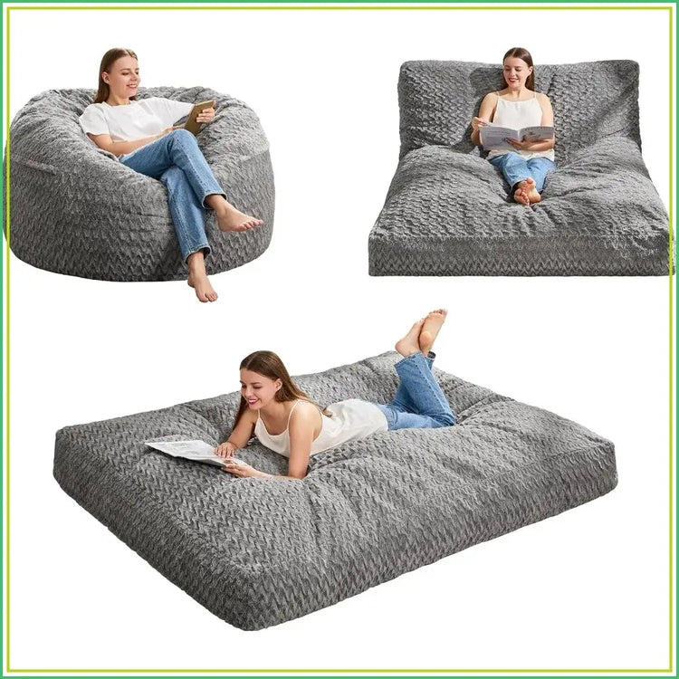 Sit Lounge Sleep — 3-in-1 Memory Foam Bean Bag Chair & Bed in gray, showing different uses: chair, lounger, and bed.Sit Lounge Sleep — 3-in-1 Memory Foam Bean Bag Chair & Bed