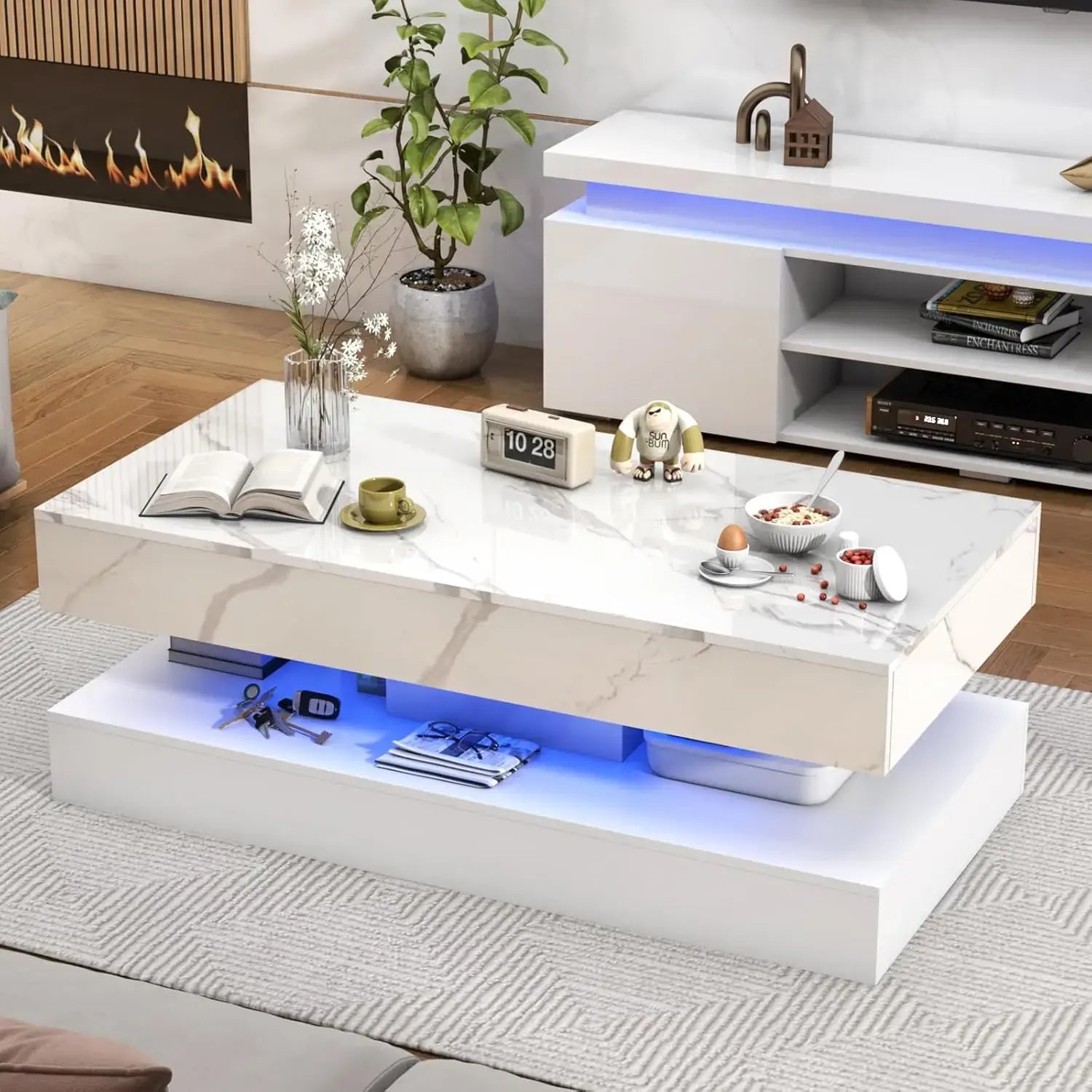 Modern Stylish Coffee Table with LED lights, Double-Layer Design for Living Room Coffee Table with 2 Storage Drawers Jonine&