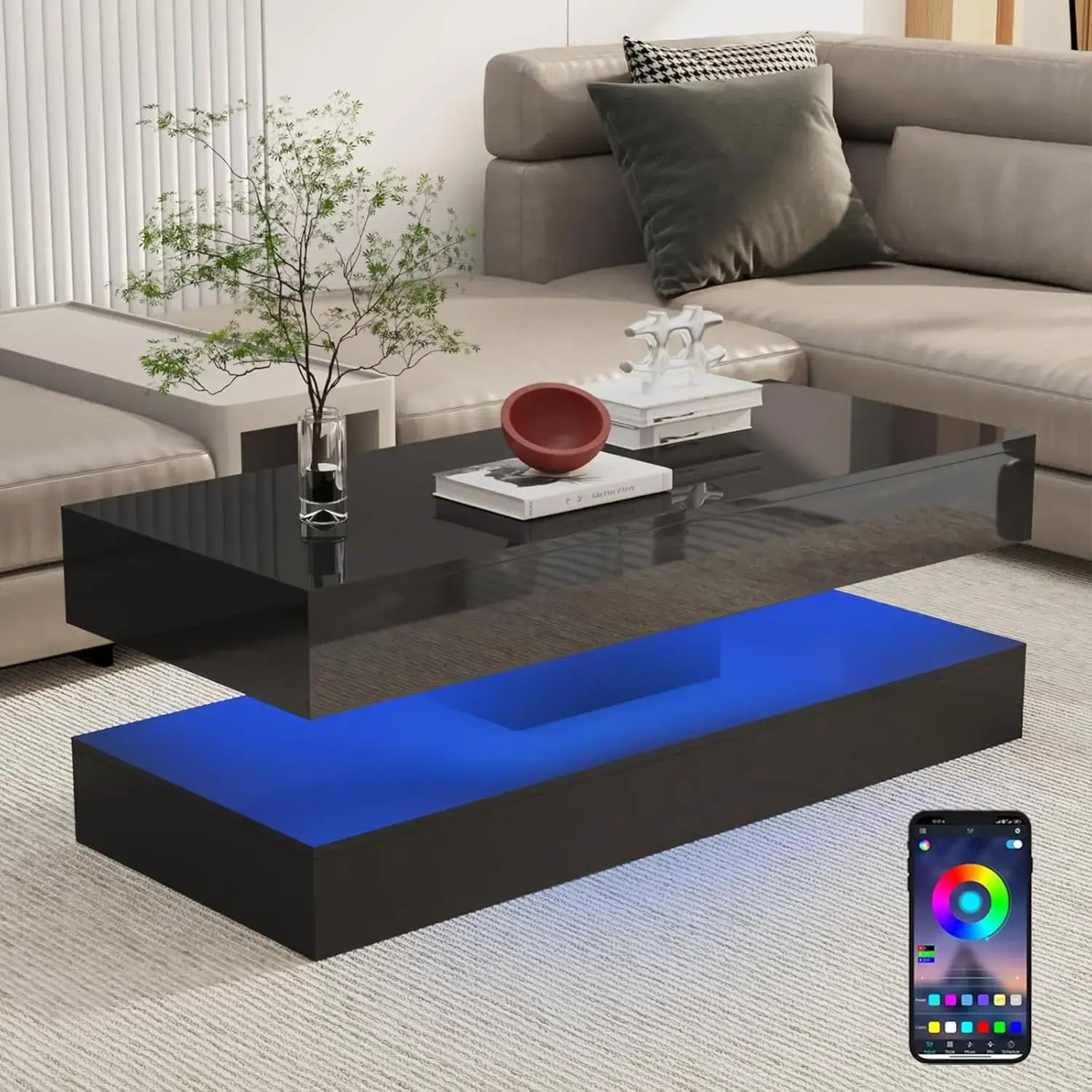 Modern Stylish Coffee Table with LED lights, Double-Layer Design for Living Room Coffee Table with 2 Storage Drawers Jonine&