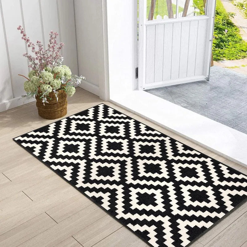 Geometric entryway rug with bold modern pattern and soft flannel surface