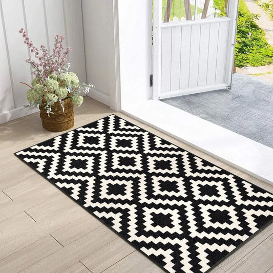 Geometric entryway rug with bold modern pattern and soft flannel surface