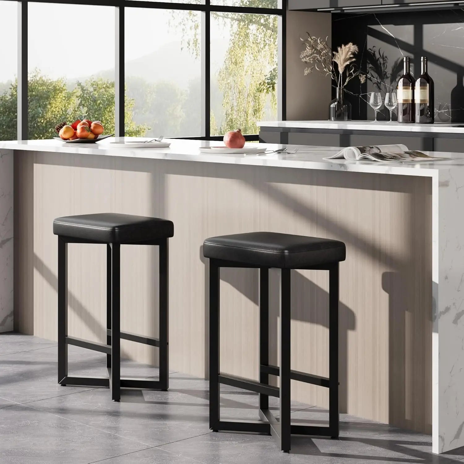 24" Bar Stools Set of 2 — Backless Counter Height with PU Leather Seat