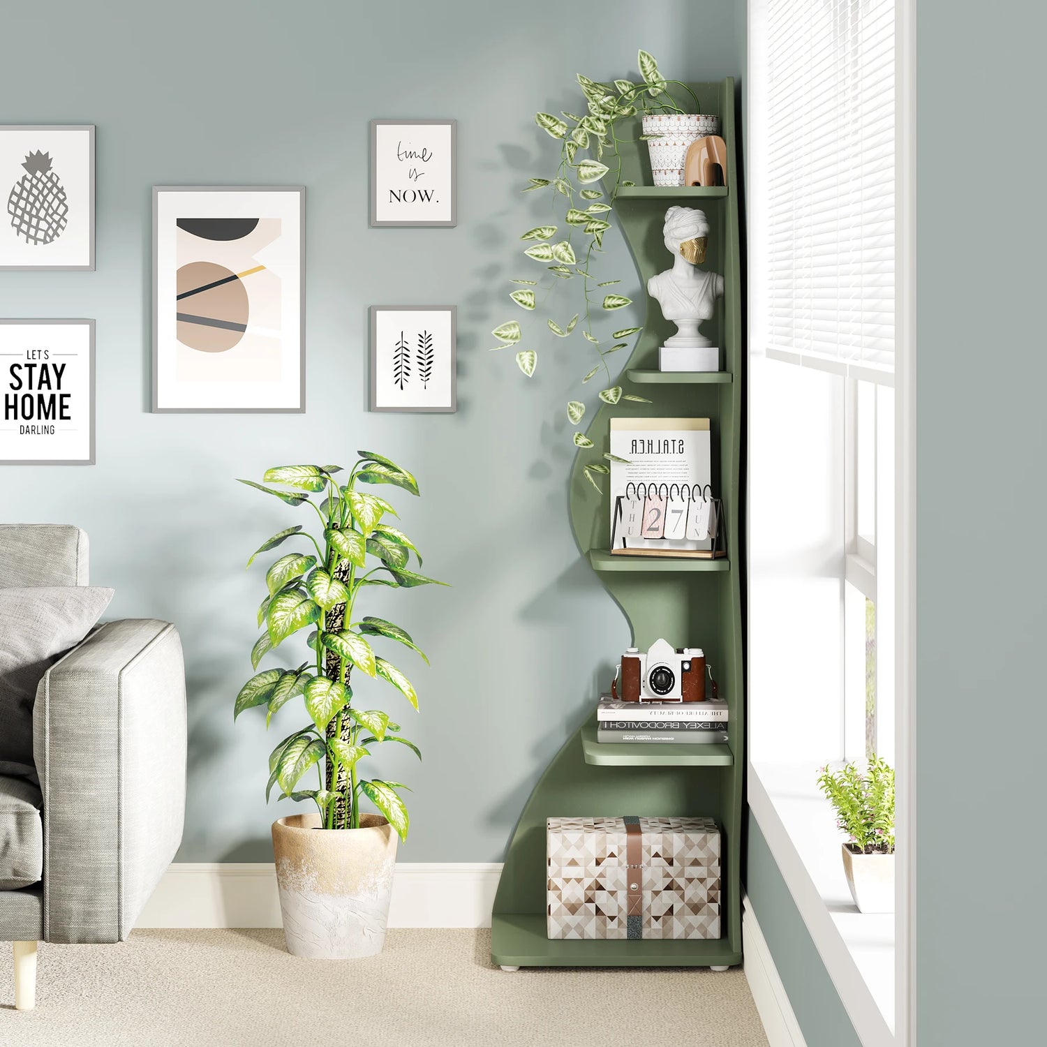 Tribesigns Corner Shelf, Modern 5-Tier Wall Corner Bookshelf, Stylish Corner Small Bookcase Storage Rack Plant Stand