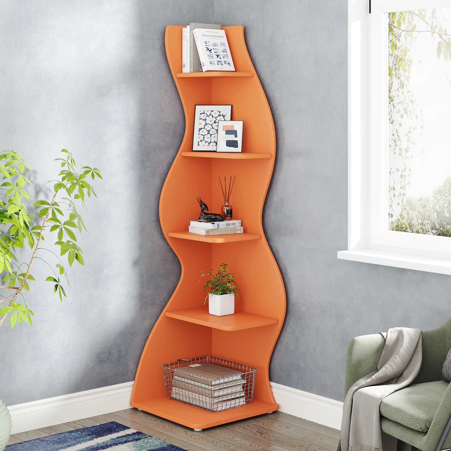 Tribesigns Corner Shelf, Modern 5-Tier Wall Corner Bookshelf, Stylish Corner Small Bookcase Storage Rack Plant Stand