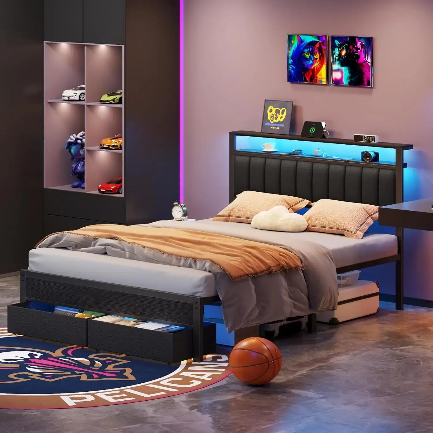 Queen Bed Frame with Charging Station and LED Lights, Grey Upholstered Headboard with Shelves, Metal Platform Bed, Customized Jonine&