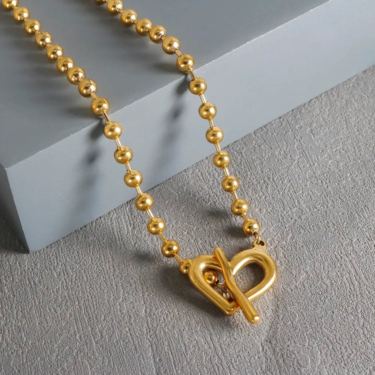 Gold Heart Toggle Necklace — Beaded Chain Gift for Her