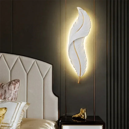 White Feather LED Wall Sconce — Modern Resin Bedroom & Living Room Light