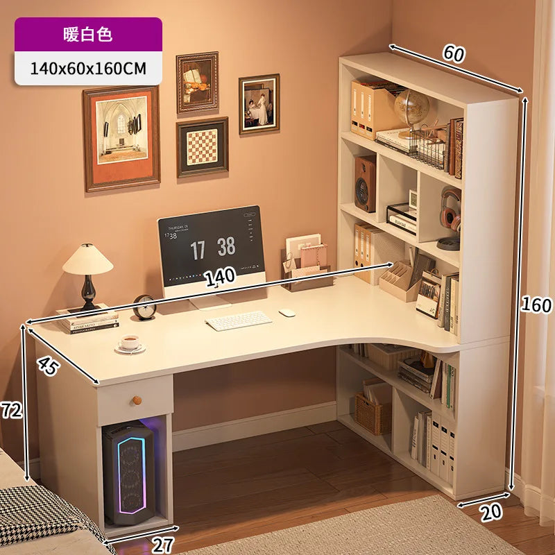 L-Shaped Corner Desk with Bookshelf — Dual Monitor & Home Office