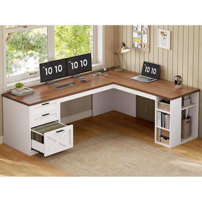 Farmhouse 67" L-Shaped Desk with 3 Drawers &amp; Storage Shelves