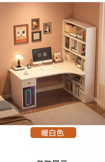 L-Shaped Corner Desk with Bookshelf — Dual Monitor & Home Office