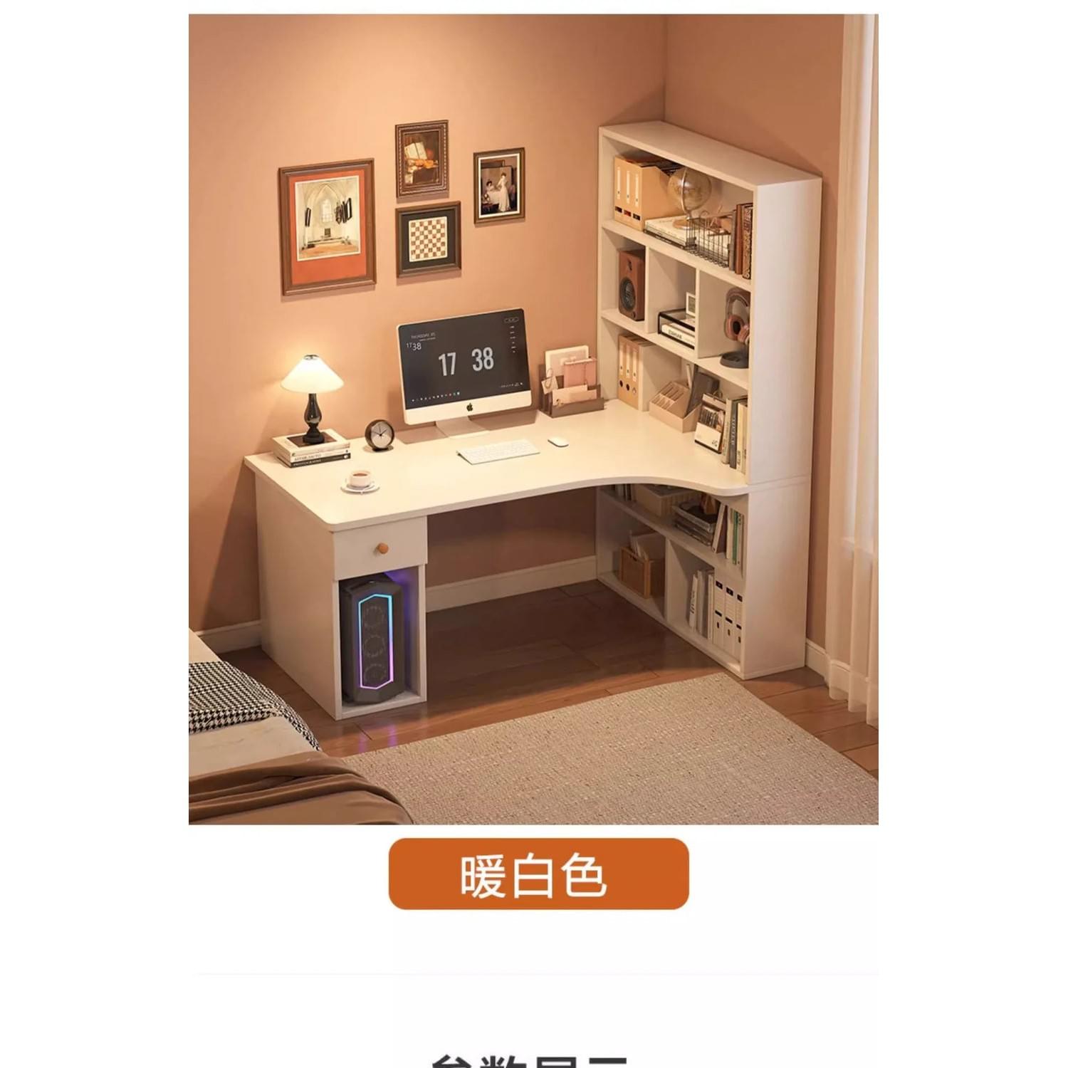 L-Shaped Corner Desk with Bookshelf — Dual Monitor &amp; Home Office