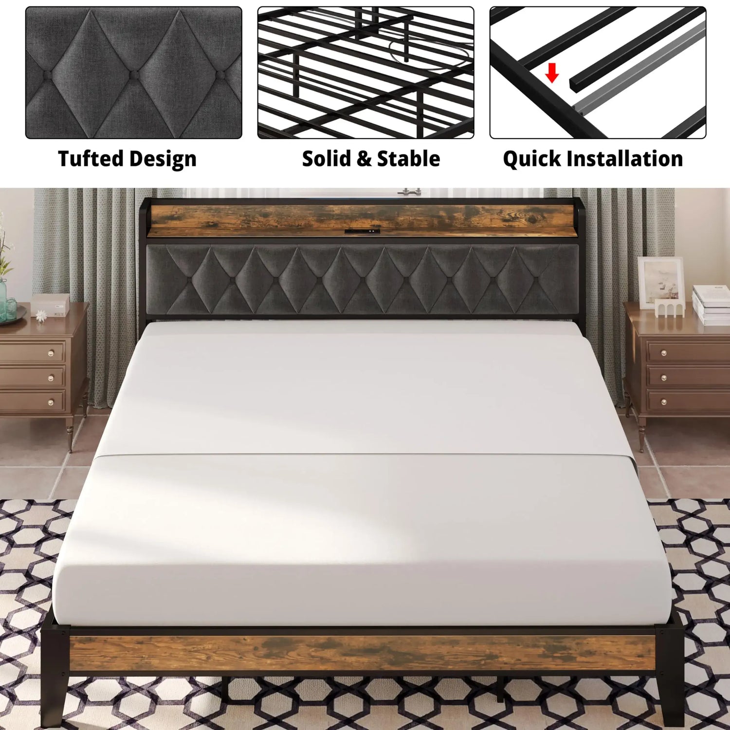 ANCTOR Twin/TwinXL/Full/Queen/King/CaliforniaKing Bed Frames, Storage Headboard with Outlets, No Noise, No Box Springs Needed Jonine&