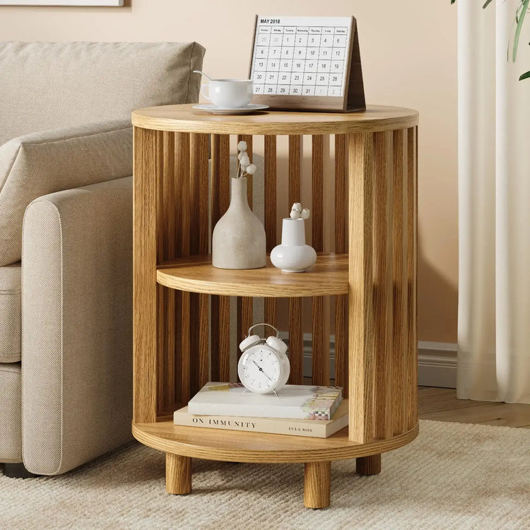 Fluted Round End Table, Mid Century Bedside Table, Modern Nightstands Set Of 2 For Living Room, Bedroom, Entryway Jonine&