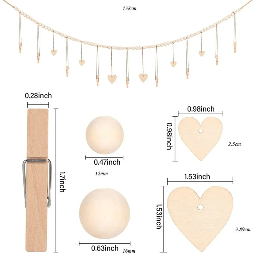 Boho Hanging Photo Display with Wooden Bead Garland — Wall Collage for Bedroom & Office