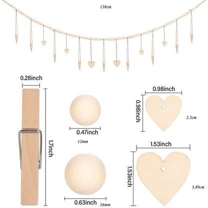 Boho Hanging Photo Display with Wooden Bead Garland — Wall Collage for Bedroom & Office