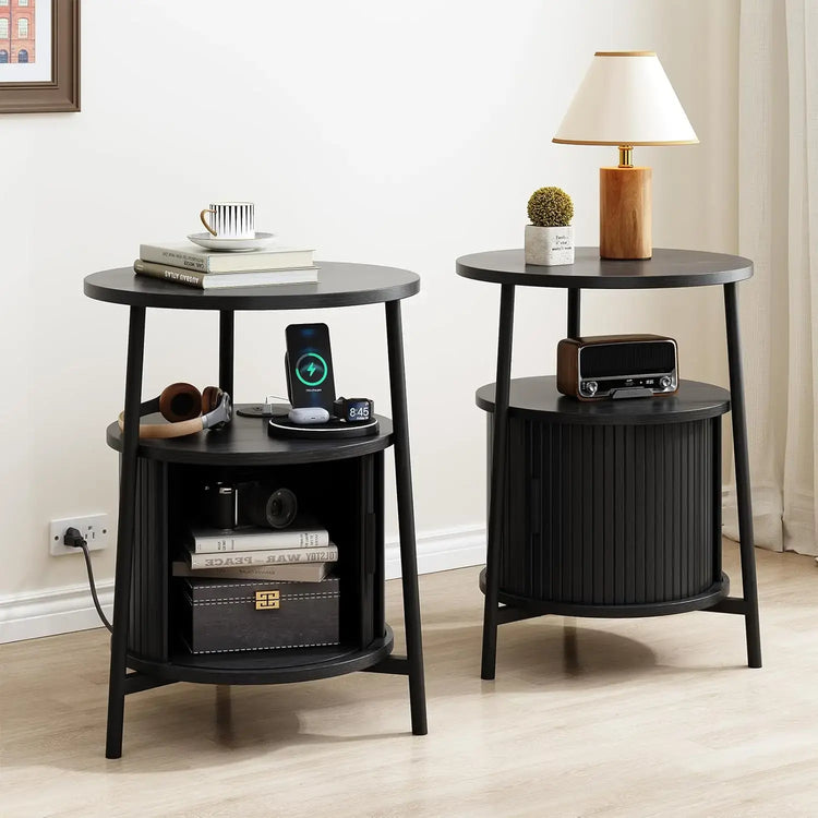 Fluted Round End Table, Mid Century Bedside Table, Modern Nightstands Set Of 2 For Living Room, Bedroom, Entryway Jonine&