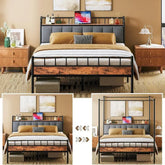 LIKIMIO Canopy Bed Frame Queen, Storage Headboard with Charging Station, Platform Bed with 4 Removable Sturdy Posts, Noise Free Jonine&