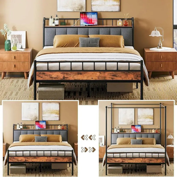 LIKIMIO Canopy Bed Frame Queen, Storage Headboard with Charging Station, Platform Bed with 4 Removable Sturdy Posts, Noise Free Jonine&