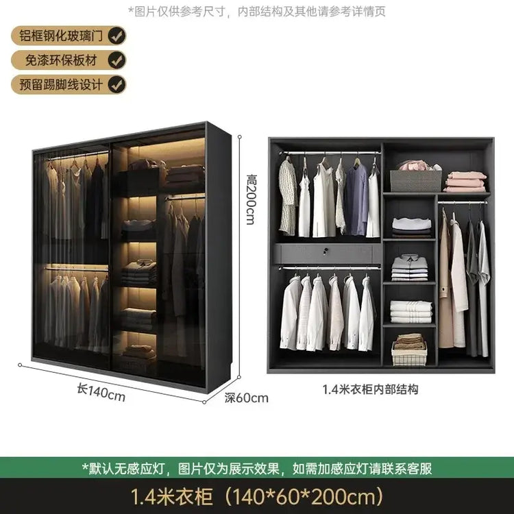 Bedroom Glass Sliding Door Wardrobe Clothes Storage Cabinet Closet Double Wardrobe Cabinets Wardrobes Furniture Modern Simple Jonine&