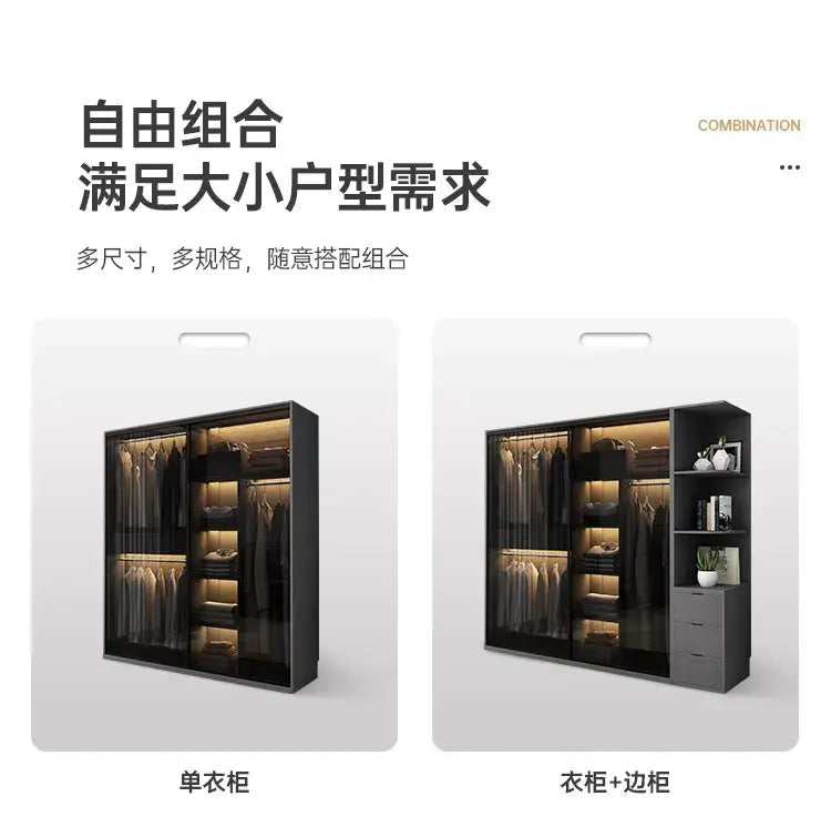Bedroom Glass Sliding Door Wardrobe Clothes Storage Cabinet Closet Double Wardrobe Cabinets Wardrobes Furniture Modern Simple Jonine&