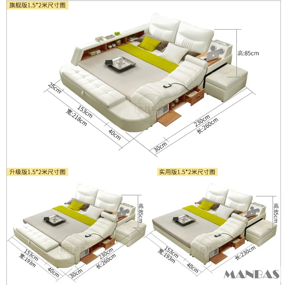 Modern All in One Smart Bed Frame, Multi-Functional Upholstered Platform Bed with Drawers, LED Lighting, Bluetooth Speaker & USB