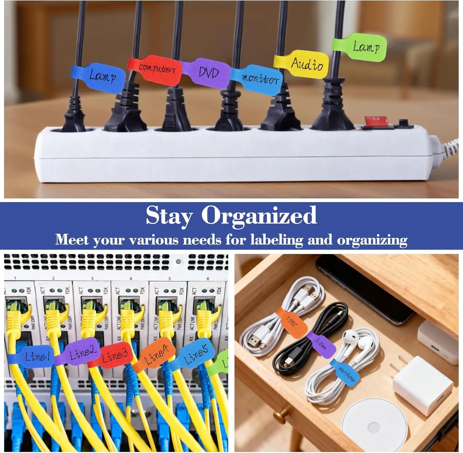 Cable Organizer Straps 10/30/50pcs Reusable Waterproof Color-Coded Labels, Charger Data Cords Management Ties Cable Ties