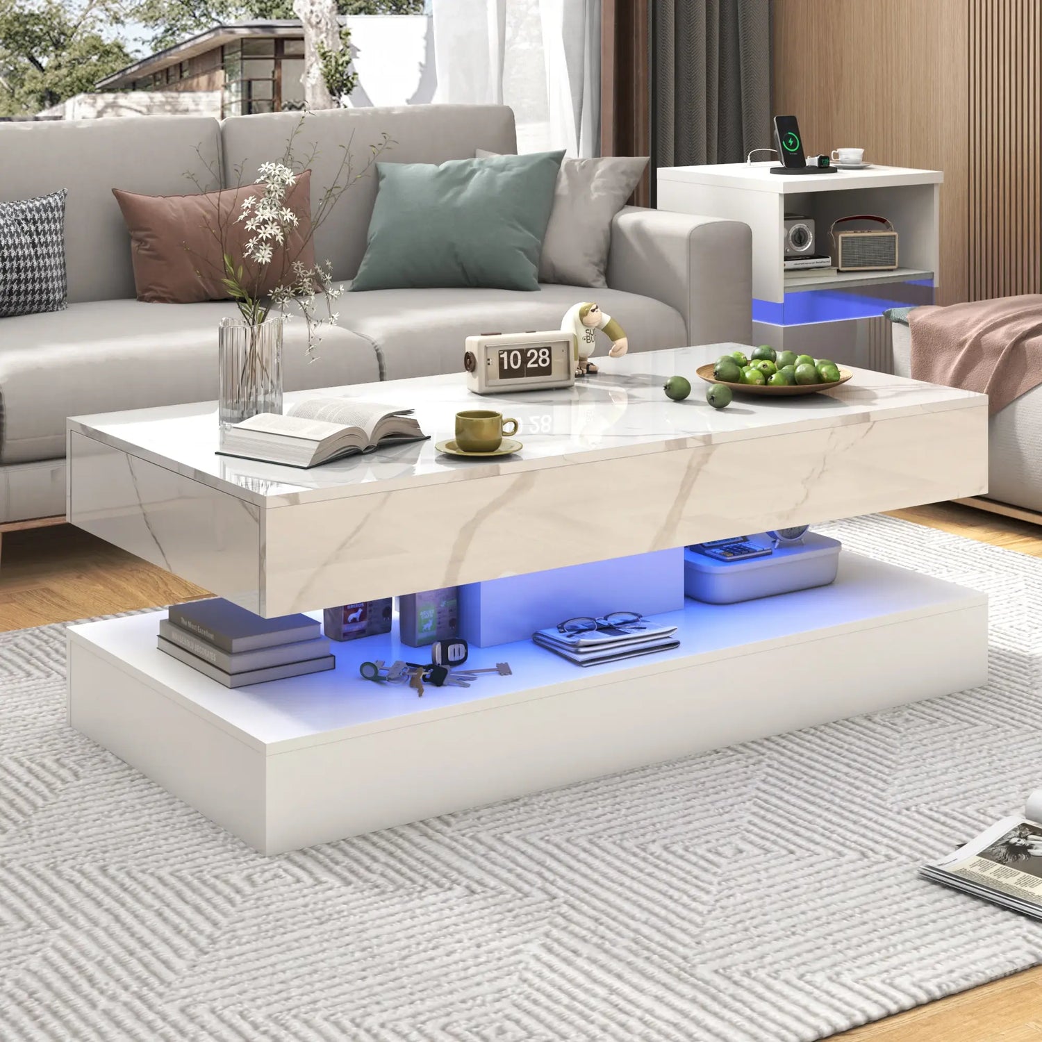 Modern Stylish Coffee Table with LED lights, Double-Layer Design for Living Room Coffee Table with 2 Storage Drawers Jonine&